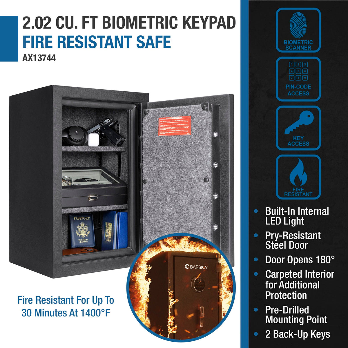 2.02 cu ft Biometric Keypad Fire Resistant Safe with Fingerprint Access - Black