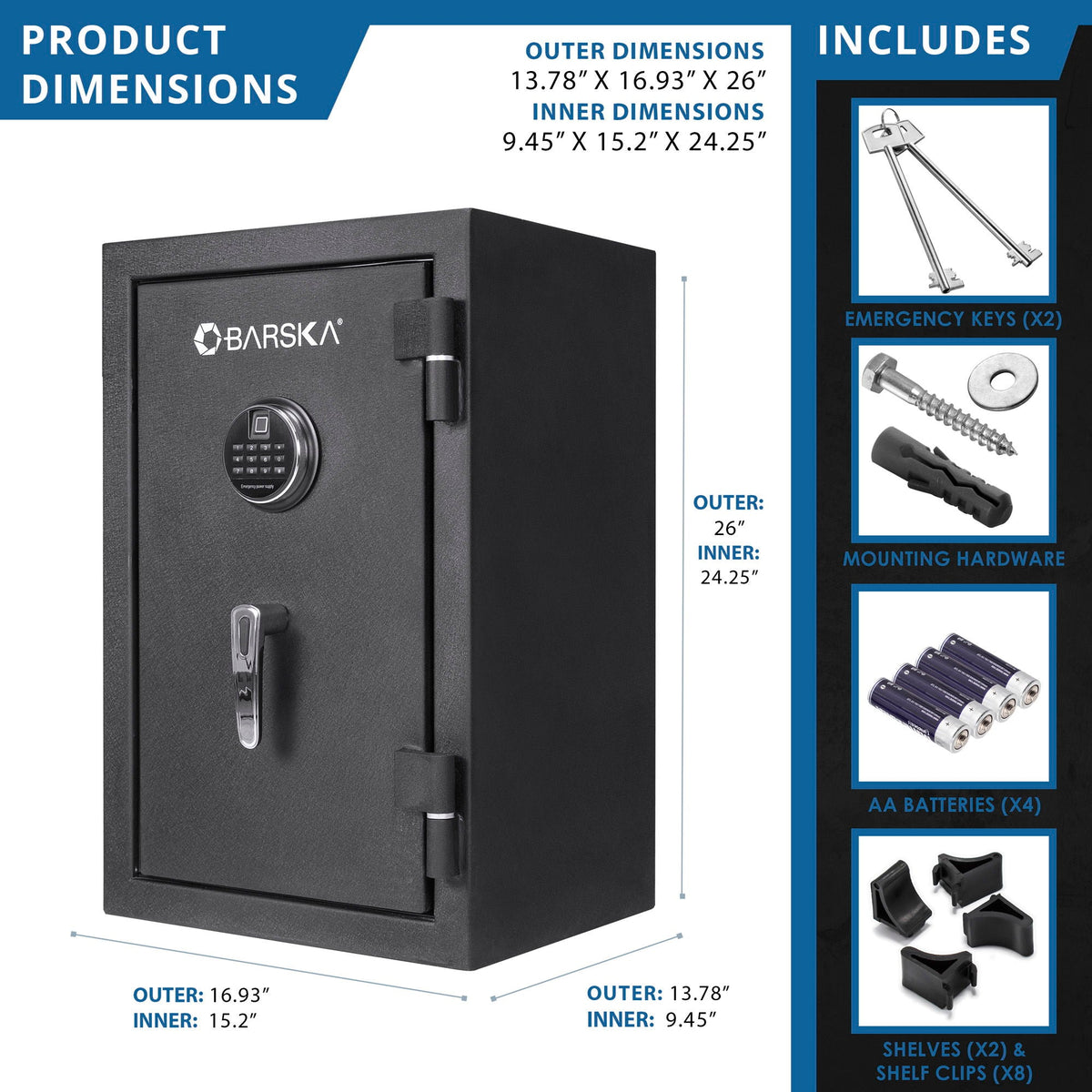 2.02 cu ft Biometric Keypad Fire Resistant Safe with Fingerprint Access - Black