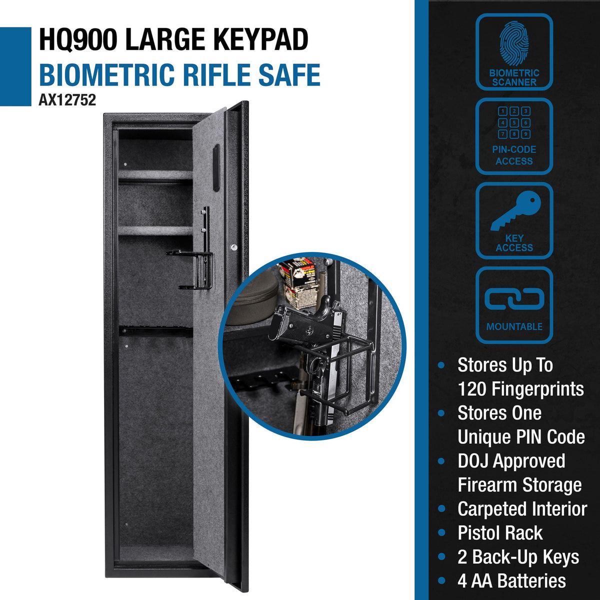 Biometric Keypad Rifle Safe with Electronic Lock - Black
