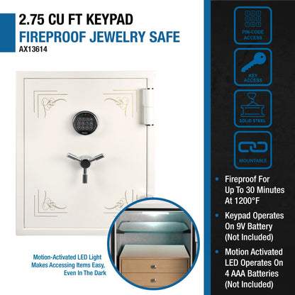 Keypad Fire-Resistant Jewelry Safe – 2.75 Cu. Ft. | White