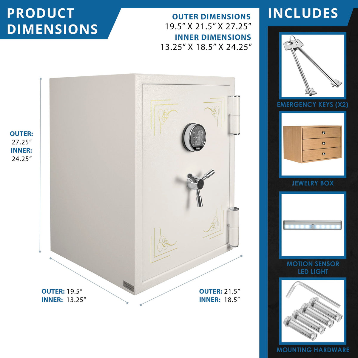 Keypad Fire-Resistant Jewelry Safe – 2.75 Cu. Ft. | White