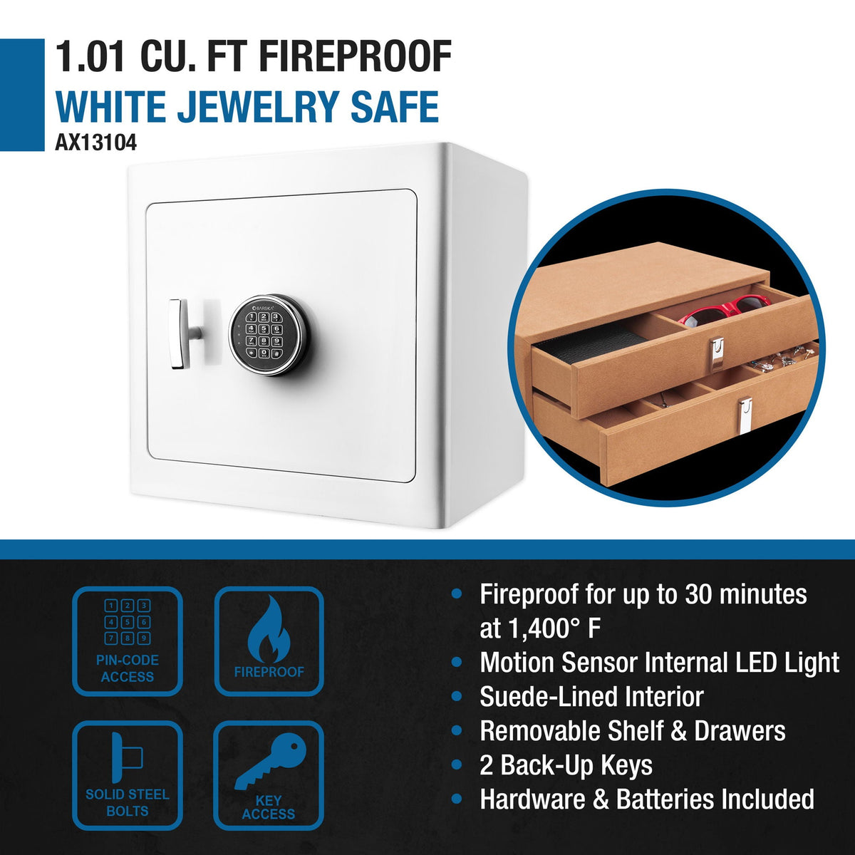 BARSKA 1.01 Cu. Ft. Keypad Fire-Resistant Jewelry Safe – White or Black