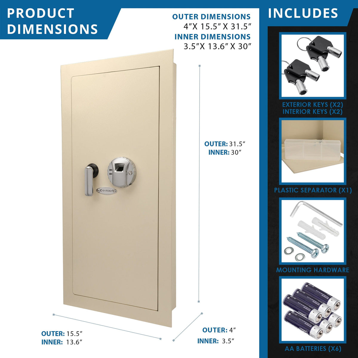 Beige Biometric Wall Safe with Fingerprint Access - Durable Steel