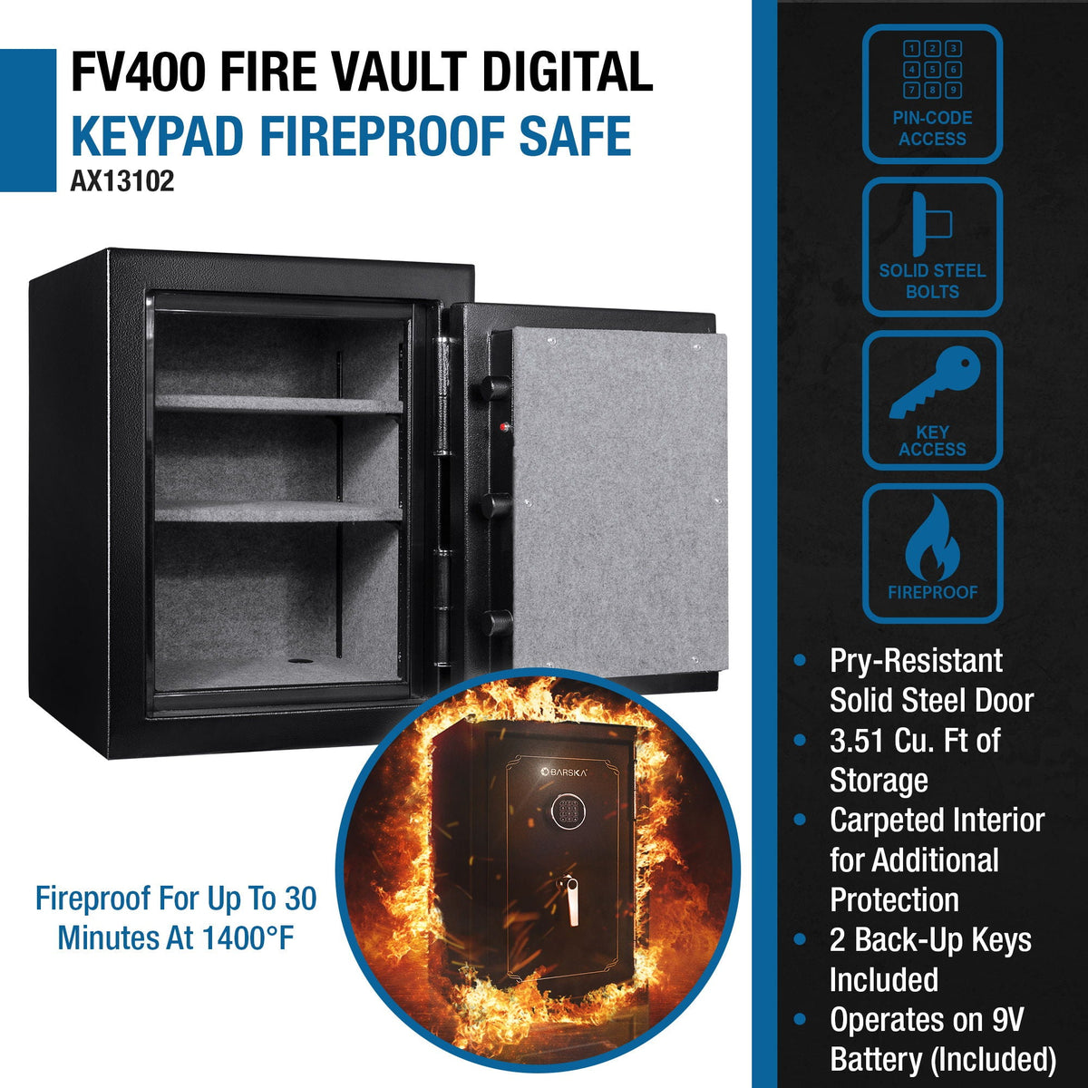 BARSKA FireVault Digital Keypad Fire-Resistant Safe | FV400 &amp; FV500 – Black