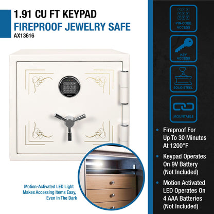 Keypad Fire-Resistant Jewelry Safe – 1.91 Cu. Ft. | White